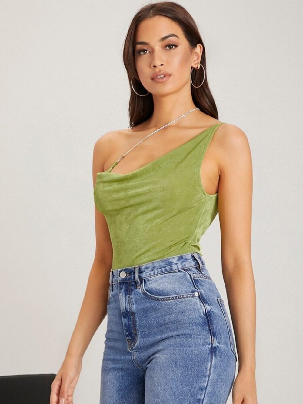 Y2K Olive Green Draped One-Shoulder Rhinestone Women's Crop Top